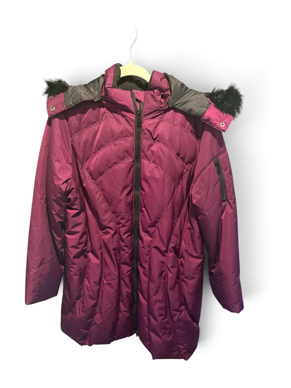 Monroe & Main Girls' Deep Plum Hooded Puffer Coat with Faux Fur Trim